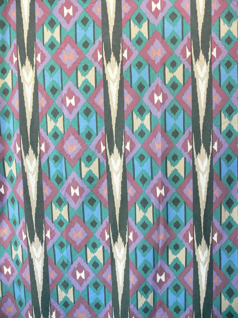 Vintage 80s Southwestern Print Full Flat Bed Sheet Teal Plum Black Tan Diamond Striped Pattern