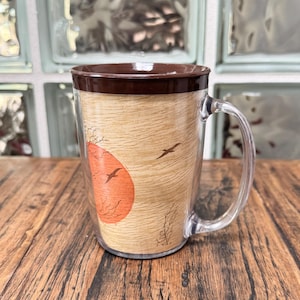 Vintage Thermo-Serv-mok jaren 70 nieuwigheid print thermische koffie thee zonsopgang zonsondergang vogels tarwe bruin oranje