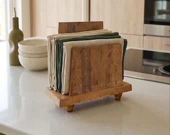 Vintage 1959 Mod MCM Scrollwork Etched Wood Napkin Holder Minimalist Brutalist Woodpecker Woodwork Japan