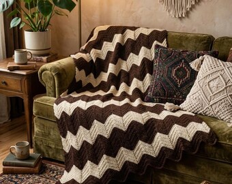Manta afgana de punto a crochet con rayas de chevrón, estilo vintage de los años 70, de 228 cm, color marrón y beige