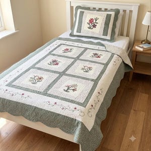 Vintage Twin Patchwork Quilt Calico Reversible Floral Throw Blanket Coverlet Pillow Sham Set Bohemian Folk Hippie Home Decor Green Cotton