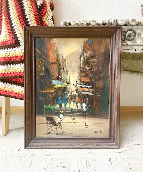 油絵　街並み　額付き 70年代ヴィンテージ油絵 28インチ 額入りキャンバス タンピン アジアン