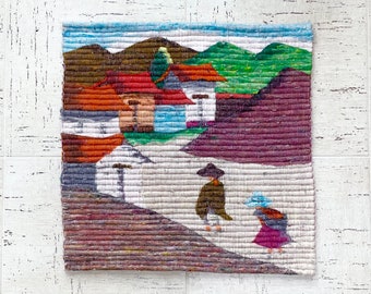 Vintage Woven Village Folk Art Scene Wall Hanging Rug Tapestry 18” Square Colorful Mountains