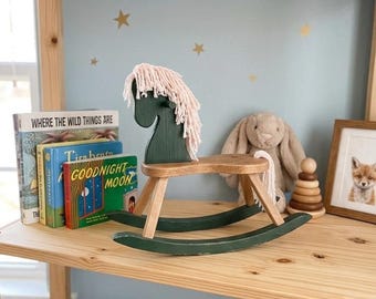 Vintage 80s Wood Rocking Horse Toy Shelf Art Green Yarn Mane Tale Country Farmhouse Lodge Decor