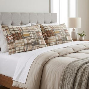Set 2 Vintage 60s Plaid Print Pillow Cases Mod Patchwork Brown Gray Rust Pillowcases