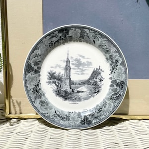 Antique 1800s Vaudrevange China Plate Hochkreuz Steeple Scene Transferware
