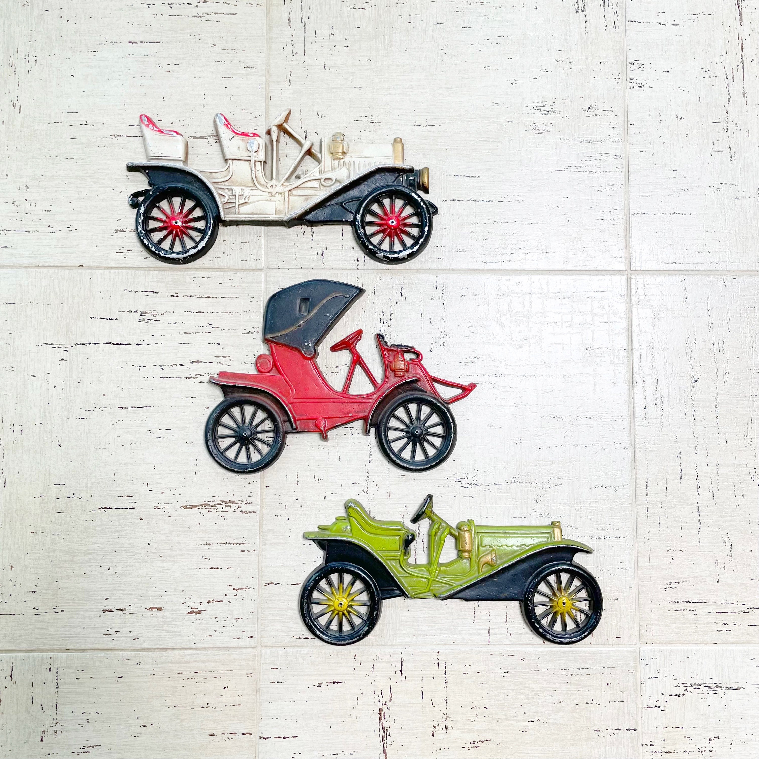 Vintage 70s 3pc 1900s Style Cars Wall Hanging Art Painted Metal