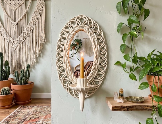 Vintage 70s Burwood Faux Wicker Mirror Wall Sconce Candle Holder Rattan Coastal
