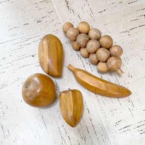 Set 5 Vintage Mid Century Hand Carved Wooden Tropical Fruit Bowl Figurines Monkey Pod Banana Mango Grapes Apple
