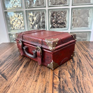 Vintage Small 12” Suitcase Luggage Red Hard Shell Train Case Buckles Leather Bound Chest Handle