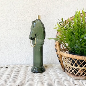 Vintage 70s Avon Equestrian Horse Knight Chess Piece “Pony Post Decanter” Bottle Shelf Art Hunter Green Glass Figurine Statuette