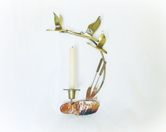 Vintage 70s Wall Sconce Candle Holder Brass Copper Flying