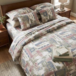 Lençol de cama vintage tamanho king dos anos 90, estampa abstrata pastel greco-romana, patchwork em tecido.