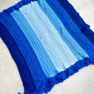 Vintage 80s Blue Ombre Striped Afghan Fringed Throw Blanket Cable Knit