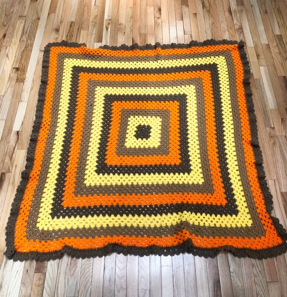 Large Vintage 70s Granny Square Afghan Throw Blanket Brown Orange