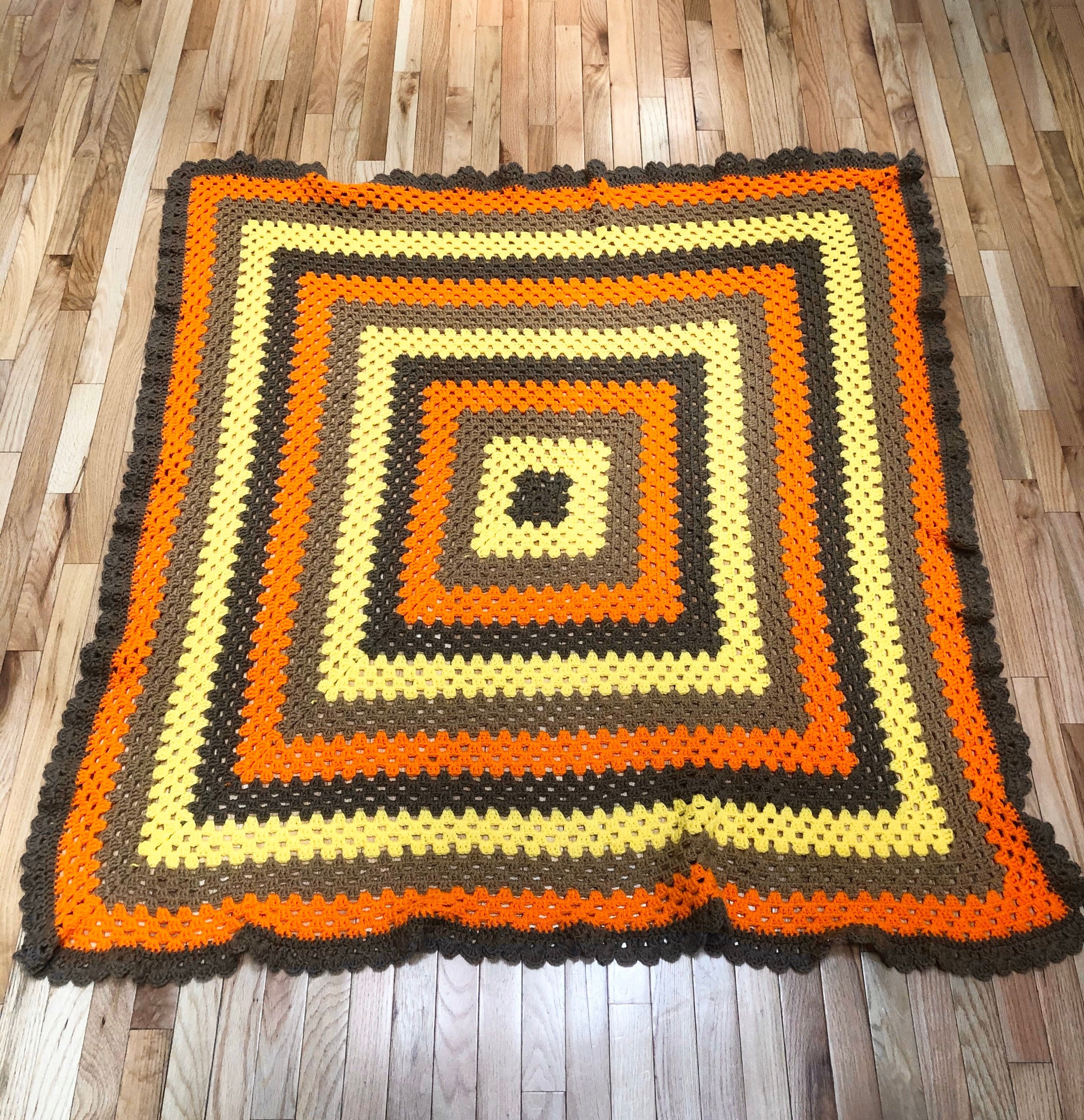 Large Vintage 70s Granny Square Afghan Throw Blanket Brown Orange