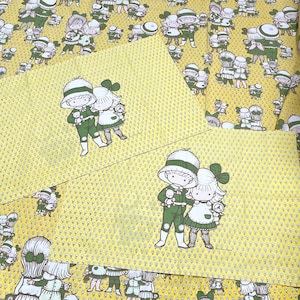 Vintage 70s Joan Anglund Walsh “Friends” Child Novelty Print Sheet Set Flat Full Double Two Pillowcases Yellow Green