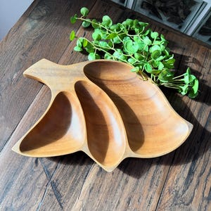 May include: A wooden serving tray with three compartments and a handle. The tray is made of light brown wood and has a natural finish. Green leafy sprigs are placed on the wooden surface next to the tray.