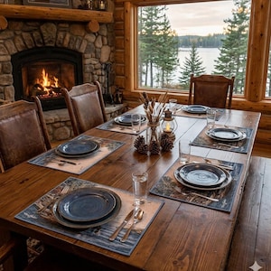 May include: A rustic wooden dining table set for six with blue ceramic plates, silver cutlery, and clear glasses on rectangular placemats. A glass jar filled with pinecones and dried wheat stalks sits in the center, near a small lantern.