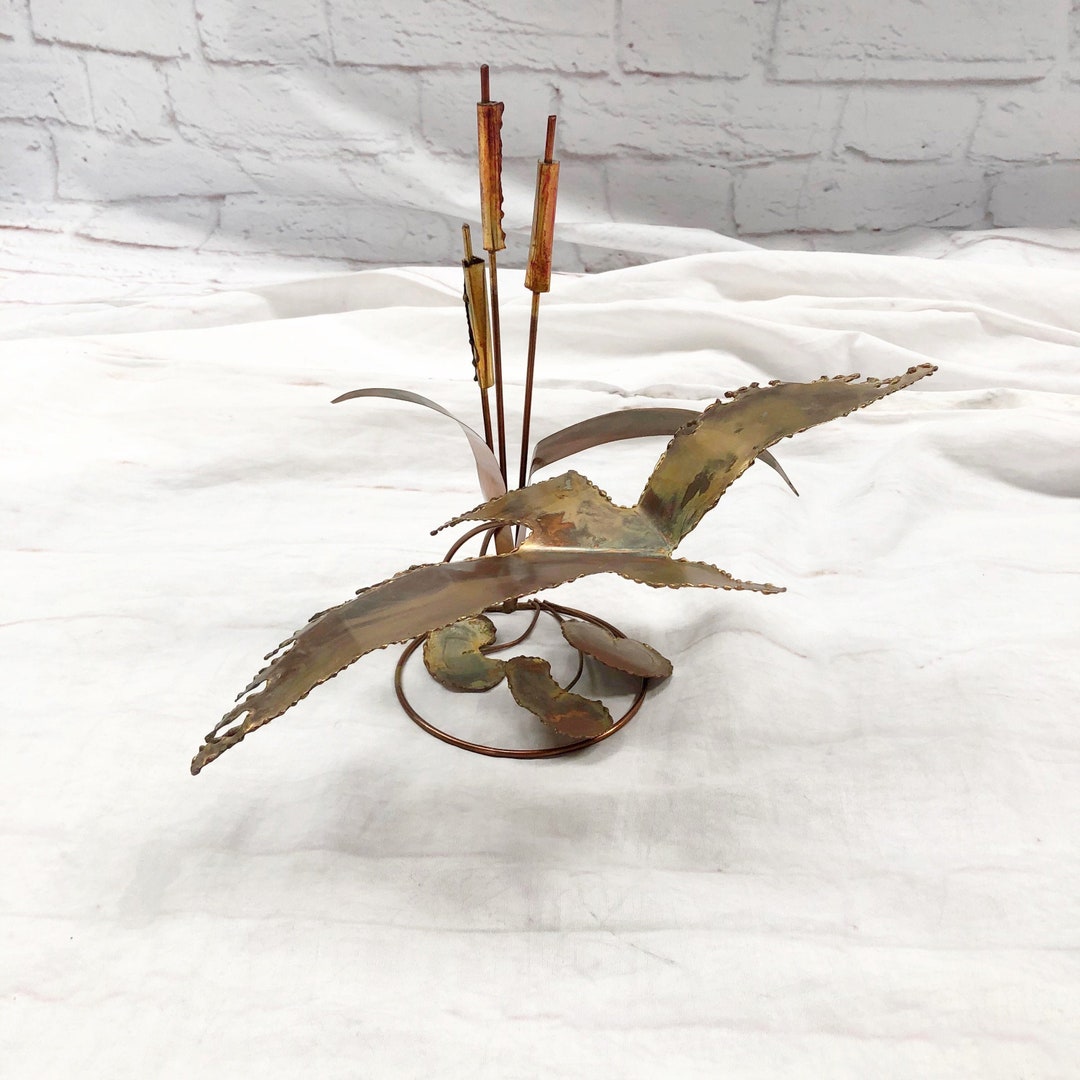 Vintage 70s Copper Brass Metal Sculpture Flying Bird Cattails - Etsy