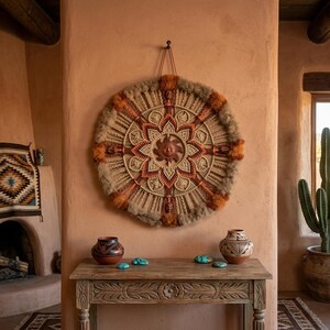 Vintage 90s Large 26” Southwestern Mandala Dream Catcher Pottery Fiber Art Macrame Sun Brown Orange Wool