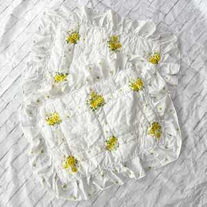 Set 2 Vintage 70s Quilted Ruffled Yellow White Floral Pillow Shams Pillowcases