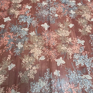 Vintage 70s Sheer Butterfly Floral Print Fabric Sheet Remnant 112” x 60” Burgundy Blue Gray