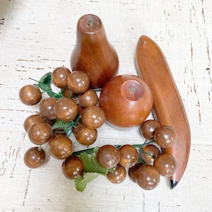 Set 5 Vintage Mid Century Hand Carved Wooden Fruit Bowl Figurines Monkey Pod Banana Pear Grapes Apple