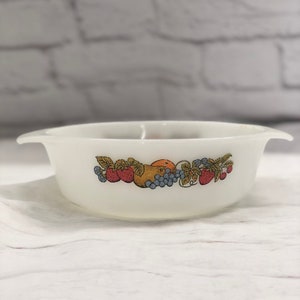 Vintage Fire King Anchor Hocking 436 Fruit Harvest Pattern 1 Qt Round Casserole Dish Bakeware Bowl