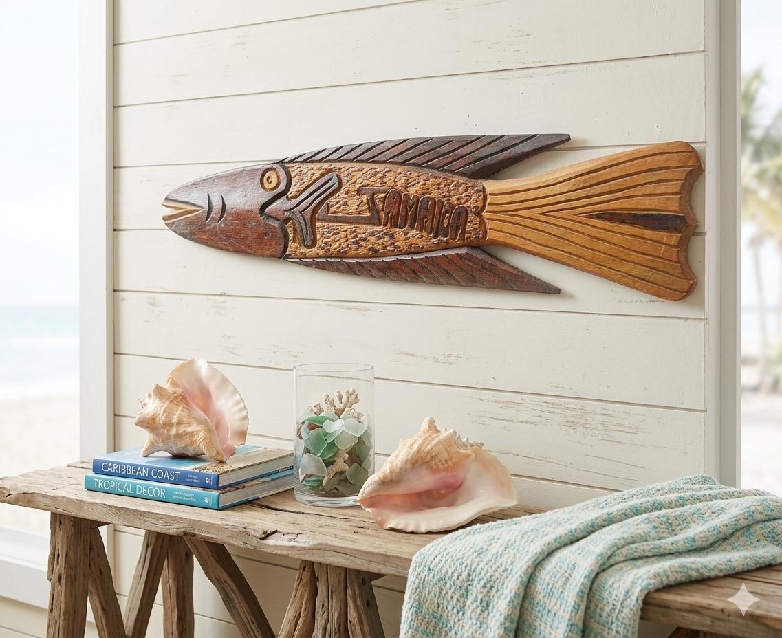 Hand Carved Wood Fish Wall Hanging: Vintage 90s Jamaican Tiki