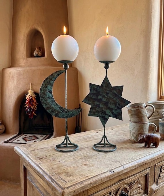 Set Vintage 1990s Celestial Star Moon Painted Metal Patina Candle Set Vintage 1990s Celestial Star Moon Painted Metal Patina Candle