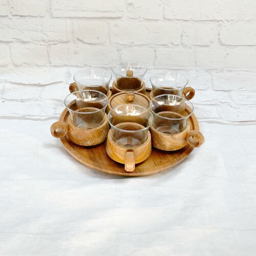 RARE Vintage 60s MCM Wood Serving Tray Set 6 Glasses Lidded Sugar Bowl Hot Toddy Drinking Mugs Tea Coffee Cups deals