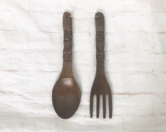 Vintage 70s Hand Carved Wood Spoon Fork Wall Hanging Art Decor Tiki Mod Polynesian