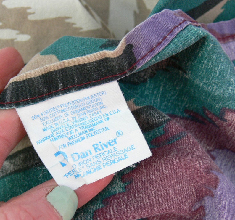 Vintage 80s Southwestern Print Full Flat Bed Sheet Teal Plum Black Tan Diamond Striped Pattern