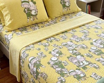 Vintage 70s Joan Walsh Anglund Twin Bedsheet, Patchwork Friendship
