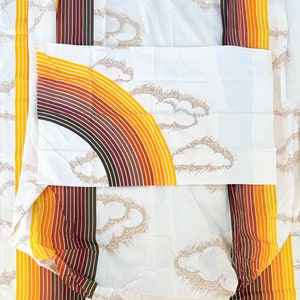 RARE Vintage 80s Twin Orange Brown Rainbow Sheet Set Pacific 3pc Canadian Sunset Clouds Flat Fitted Pillowcase NIP