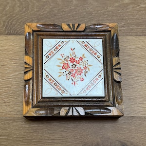 Vintage 70s Carved Wood Framed Farmhouse Ceramic Floral Tile Trivet Shelf Wall Kitchen Dining Room Table Art