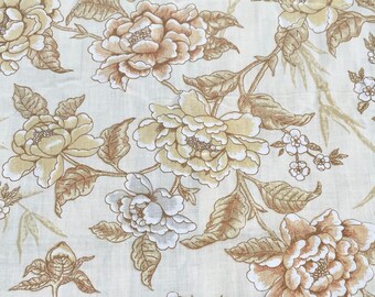 Vintage 70s Botanical Floral Print Twin Flat   Bed Sheet Fabric Gold Rust Gray