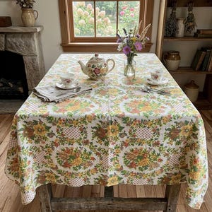 May include: A floral tablecloth with a vintage aesthetic, featuring a repeating pattern of yellow, orange, and green flowers on a white background. A teapot, teacups, and a vase of flowers are arranged on the table, creating a cozy, inviting scene.