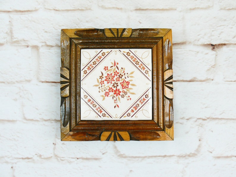 Vintage 70s Mexican Tile Trivet Hot Plate Carved Wood Floral Etsy