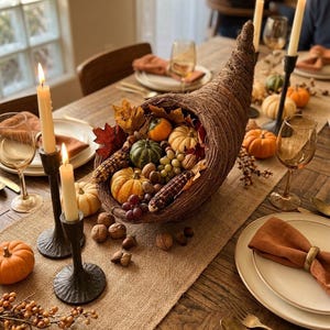 May include: A woven cornucopia centerpiece filled with miniature pumpkins, gourds, grapes, nuts, and autumn leaves, placed on a burlap table runner. The setting includes black metal candle holders with lit taper candles and place settings with napkins.