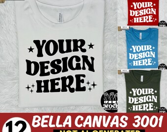May include: A mockup bundle of 12 Bella Canvas 3001 t-shirts in various colours. The t-shirts feature the text "Your Design Here" in a retro font style. The image includes the text "100% Real Not AI-Generated" and "Bella Canvas 3001 Not AI-Generated Mockup Bundle Volume 1".