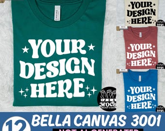May include: A mockup bundle of 12 Bella Canvas 3001 t-shirts in various colors. The t-shirts feature the text "YOUR DESIGN HERE" in a white retro font. The text is centered on the front of each t-shirt. The image includes the text "NOT AI-GENERATED" and "MOCKUP BUNDLE VOLUME 3".