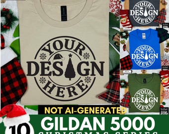 May include: Mockup bundle of 10 Gildan 5000 t-shirts in various colors with a Christmas theme. The shirts feature a design with the text "Your Design Here" and a stylized Christmas tree.