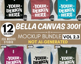 May include: A mockup bundle of 12 Bella Canvas 3001 t-shirts in various colours, including black, red, turquoise, pink, cream, and green. Each shirt features the text "*YOUR* DESIGN ++HERE++" printed on the front.