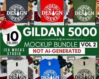 May include: A mockup bundle of 10 Gildan 5000 t-shirts in various colors, featuring a Christmas-themed design with a white circle and the text "YOUR DESIGN HERE". The image includes the text "10 COLORS", "GILDAN 5000", "MOCKUP BUNDLE", "VOL 2", "JEA MOCKS STUDIO", and "NOT AI-GENERATED".
