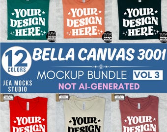 May include: A mockup bundle of 12 Bella Canvas 3001 t-shirts in various colors, including teal, orange, green, red, beige, and pink. Each shirt features the text "YOUR DESIGN HERE" in a black and white graphic design. The text "12 COLORS" is displayed in a circle with a blue background. The text "JEA MOCKS STUDIO" is displayed below the circle. The text "BELLA CANVAS 3001" is displayed in a large blue rectangle. The text "MOCKUP BUNDLE" is displayed in a smaller blue rectangle below the large rectangle. The text "VOL 3" is displayed in a smaller blue rectangle below the smaller rectangle. The text "NOT AI-GENERATED" is displayed in a pink rectangle below the smaller rectangle.