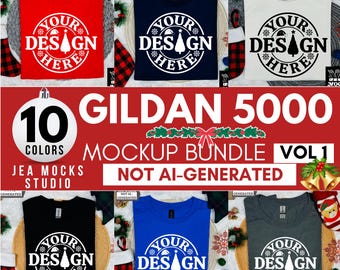 May include: A mockup bundle of 10 Gildan 5000 t-shirts in various colors, including red, navy blue, white, black, royal blue, and heather gray. Each shirt features a circular design with the text "Your Design Here" and a stylized Christmas tree.