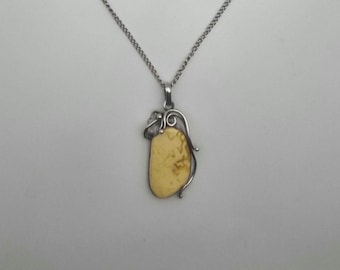Vintage, Silver and Milky Amber Pendant Necklace, Hallmarked Gdansk Poland.