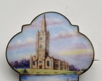 Antique Silver Brooch, Hand Painted Porcelain Salisbury Cathedral, Water Meadows View, Hallmarked Sterling Mount, Edwardian Jewellery